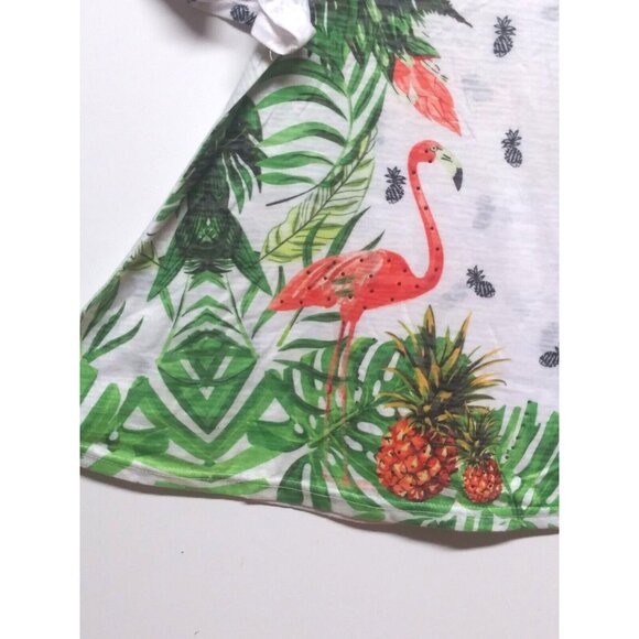 Sara Studio Womens top Sz M white orange flamingos Pineapples Tropical Knit EUC - Picture 2 of 8